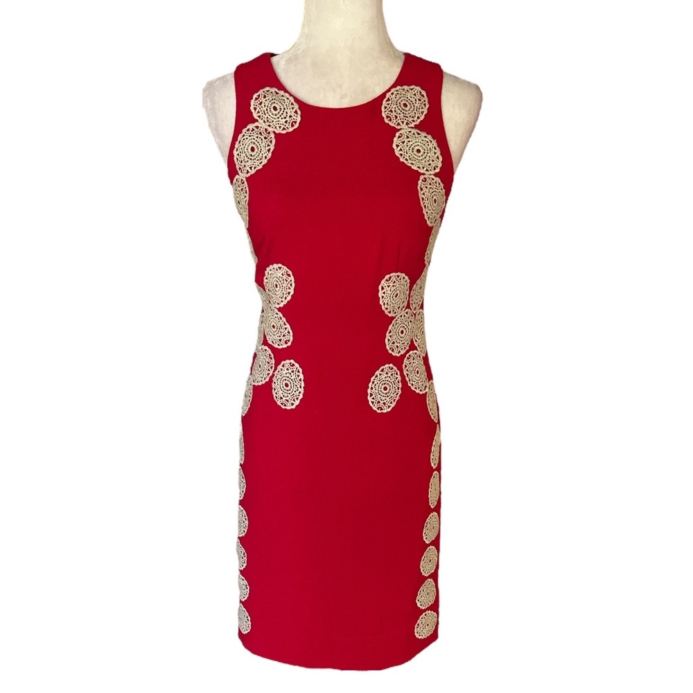 J. Peterman Vintage Red & Metallic Gold Crochet Lace Sheath Dress - 0